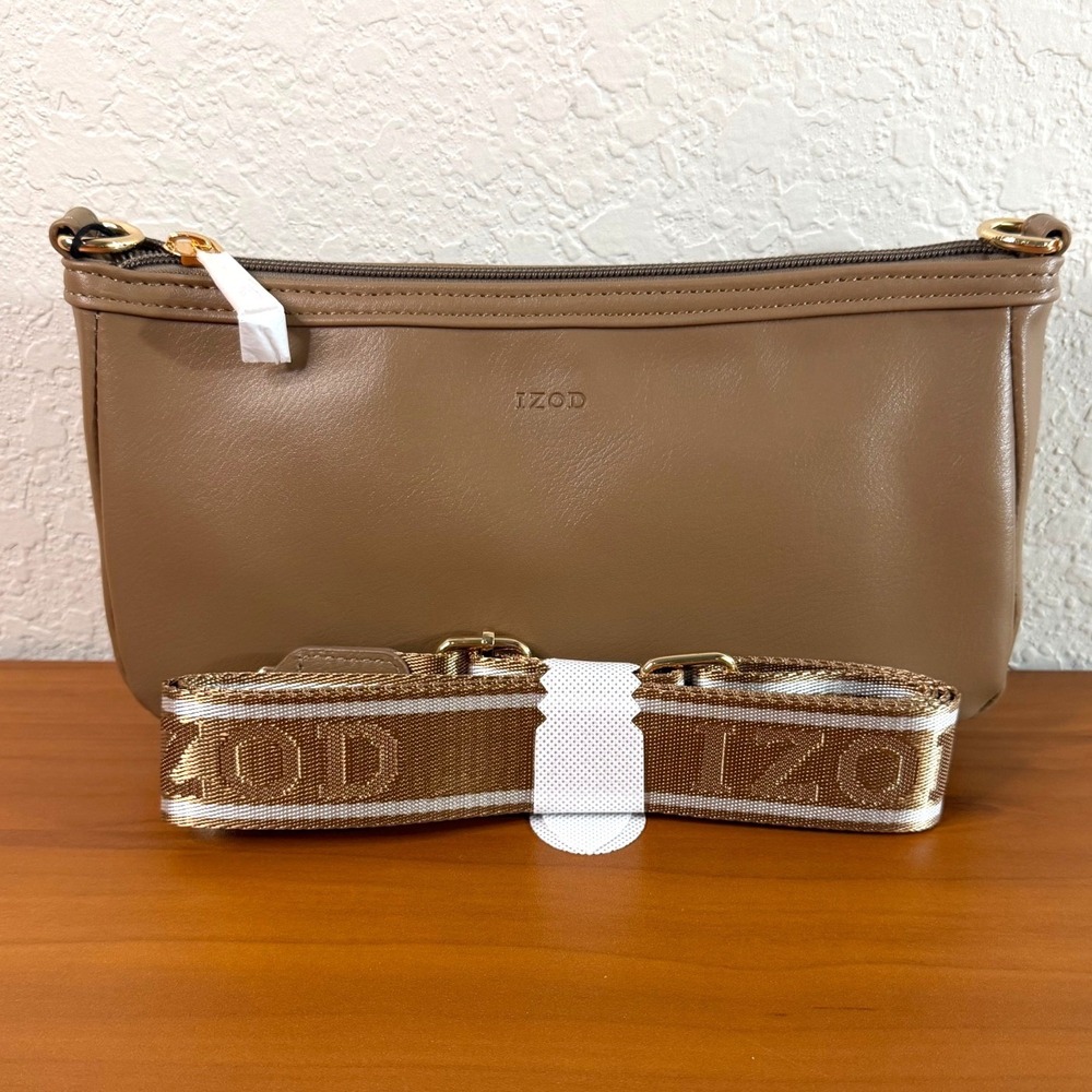 IZOD Tan Faux Leather Crossbody Bag with Logo Webbing Strap Brown Gold Tone NWT
